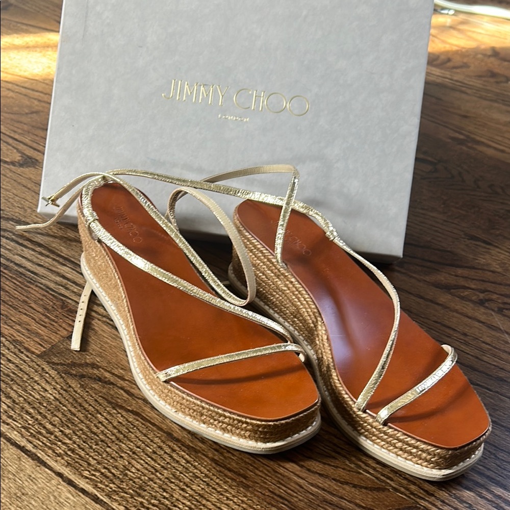 Jimmy Choo Gold Metallic Leather Espadrille Sandals